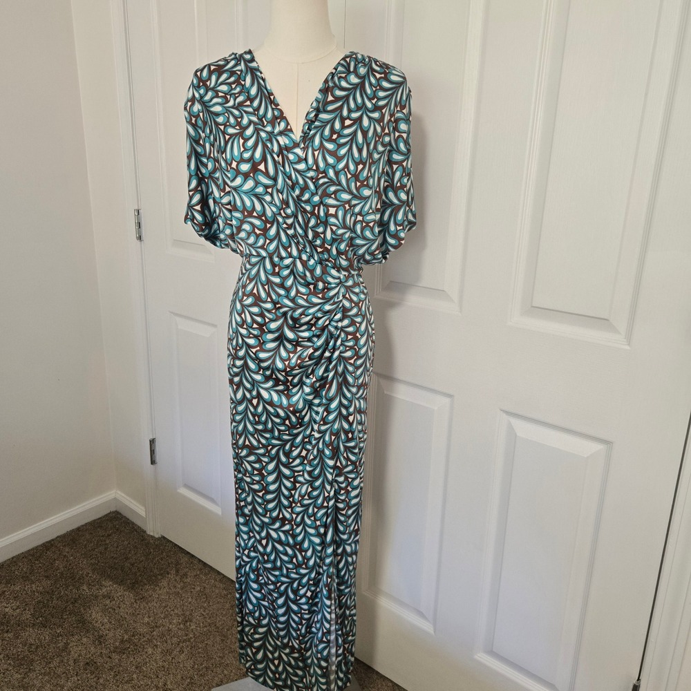 Diane von Furstenberg Williams Dress Women M Teal Brown Abstract Maxi Slit NEW